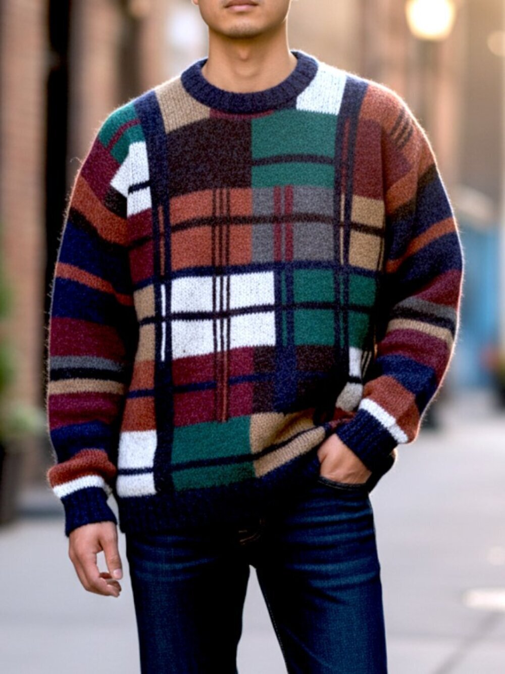 Vintage 80s 90s Geometric Plaid Chunky Knit Grandpa Sweater Wool Hong Kong L